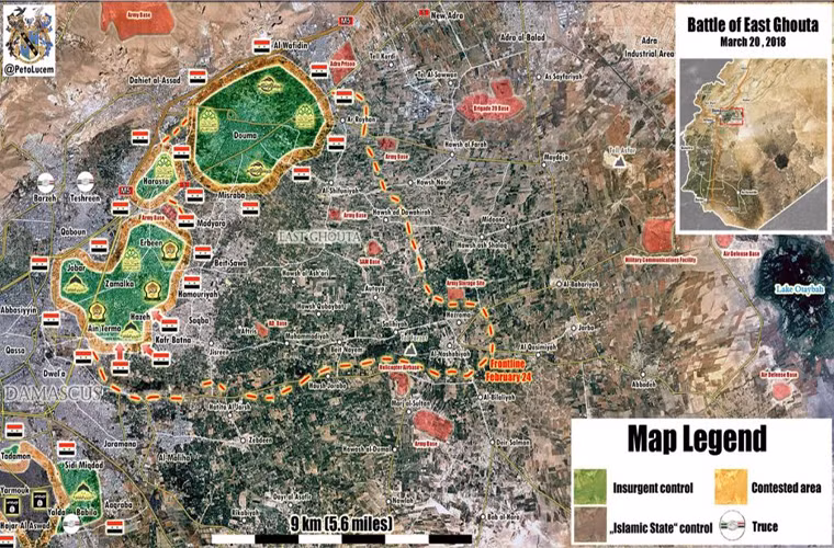 Bản đồ tình hình chiến sự ở Đông Ghouta ngày 20/3/2018. Các binh sĩ Syria và đồng minh đã tiến vào khu vực Ein Tarma, Hazeh và tái chiếm nhiều cứ điểm ở đó. Ảnh: SF.