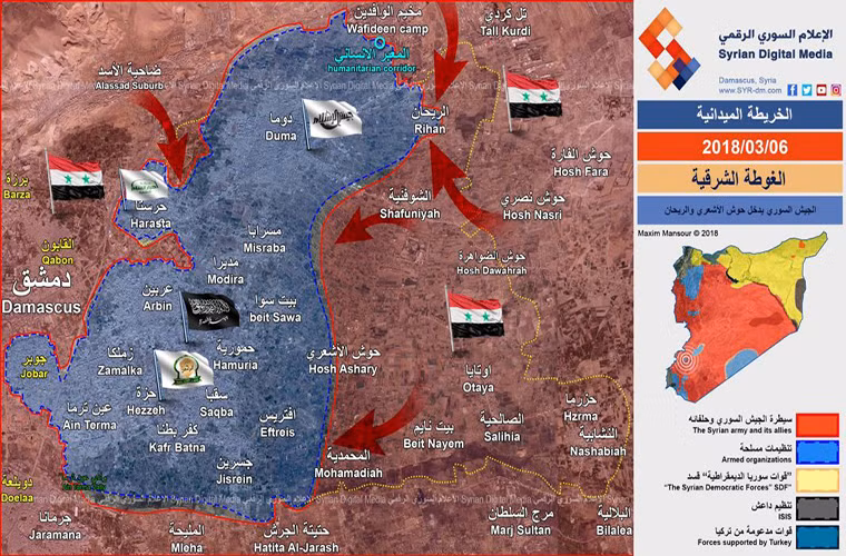 Bản đồ tình hình chiến sự tại Đông Ghouta ngày 6/3/2018. Ảnh: AMN.