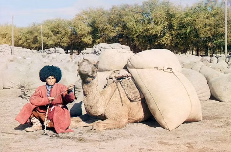 Người đàn ông Turkmen ngồi cạnh chú lạc đà năm 1907.