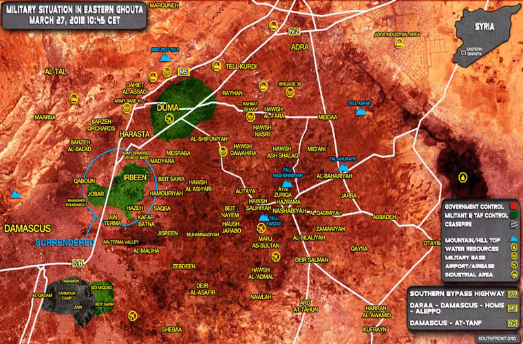 Tình hình chiến sự ở Đông Ghouta ngày 27/3. Ảnh: SF.