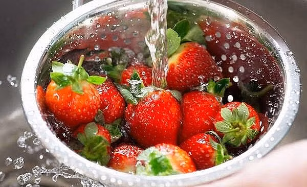 Cho dâu tây vào rổ thưa, xả dưới vòi nước lạnh. Dùng tay nhẹ nhàng đảo dâu rồi rửa sạch từng quả. Tiếp đó, pha hỗn hợp giấm nước theo tỉ lệ 1:6 để rửa. FDA không khuyến nghị dùng bất kì chất tẩy rửa nào bởi dâu tây dễ dàng hấp thụ chúng.