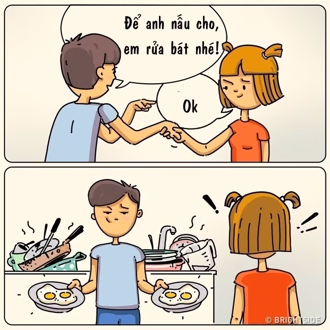 Mỗi người phụ một tay công việc sẽ nhanh hơn, nhưng trong trường hợp này thì không, “Để em nấu, hãy để tự em nấu!”. Đơn giản là vì chẳng ai muốn xử lí một bãi chiến trường như thế này đâu.