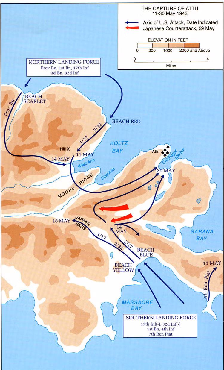 Ngày 1/4/1943, Hạm đội Bắc Thái Bình Dương của Mỹ cùng lực lượng Thủy quân Lục chiến tấn công lên đảo Attu và tìm cách chiếm lại đảo này trong một chiến dịch quân sự mang tên Sandcrab. Nguồn ảnh: BI.