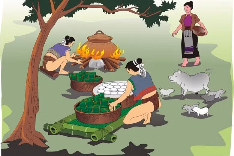 Truyền thuyết bánh Chưng, bánh Dày: Vua Hùng thứ 6 muốn chọn con hiền nối ngôi nên ban lệnh thi cỗ. Lang Liêu dùng cơm nếp chế ra bánh chưng – bánh giầy. Vua thấy Lang Liêu hiếu thảo, chế ra 2 loại bánh quý nên truyền ngôi.