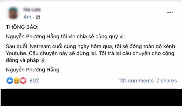 Vừa qua, nữ CEO khu du lịch Đại Nam đã thực hiện buổi livestream cuối cùng và quyết định "dừng lại" sau tất cả lùm xùm đã qua. Ngay sau đó, bà Phương Hằng cũng tuyên bố sẽ đóng toàn bộ các kênh YouTube.