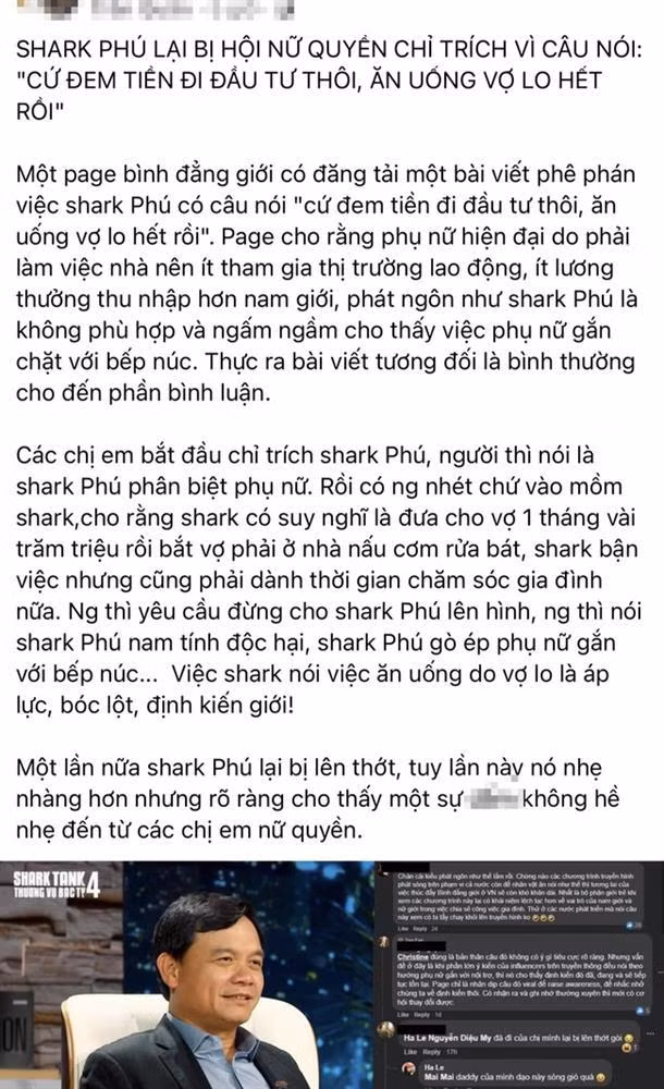 Một trang fanpage khác đã tóm tắt lại sự việc và tiếp tục gây tranh cãi từ những phát ngôn của Shark Phú.