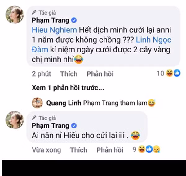Ngay bên dưới bức ảnh, Xoài Non đã tag ngay ông xã Xemesis vào bài viết kèm lời nhắn: "Hết dịch mình cưới lại anni 1 năm được không chồng?". Đồng thời, cô nàng còn nhắc đến người chị Linh Ngọc Đàm: "Kỷ niệm ngày cưới được 2 cây vàng chị mình nhỉ".