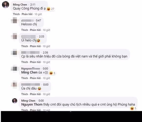 Trước đó không lâu, Viên Minh để lại bình luận dưới buổi phát trực tiếp buổi tập của đội tuyển Việt Nam của VFF, ngỏ ý muốn VFF quay tập trung vào chồng để mình tiện... ngắm: "Quay Công Phúng đi ạ".
