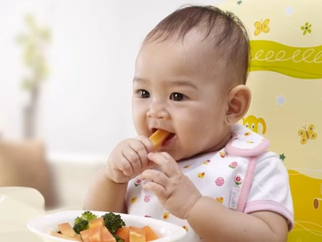 Bé ăn dặm. Trong giai đoạn ăn dặm, cần nhiều vitamin A, vitamin D tránh còi xương. Nếu ăn chay sẽ thiếu hai loại dưỡng chất này. Cần cho bé ăn nhiều chế phẩm có nguồn gốc động vật để cơ thể nhận được dưỡng chất đầy đủ và hoàn hảo nhất. Ảnh: Marybaby.