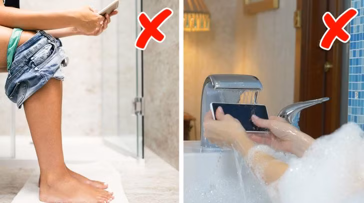 8. Điện thoại: Bạn không nên sử dụng điện thoại khi đang đi vệ sinh và việc mang điện thoại vào phòng tắm cũng không an toàn. Nếu bạn muốn nghe nhạc trong khi tắm, hãy đầu tư vào một chiếc loa chống thấm nước.