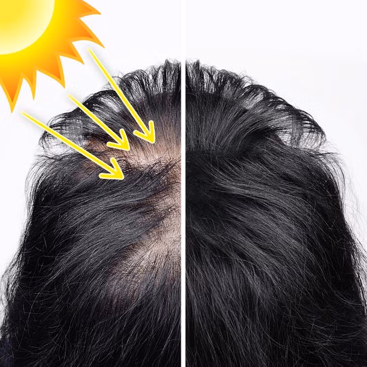 2. Tiếp xúc quá nhiều ánh nắng mặt trời: Khi bạn ra ngoài, các tia UV của mặt trời bắt đầu ăn mòn độ đàn hồi và độ chắc khỏe của tóc. Tiếp xúc với nhiệt độ cao và ánh nắng mặt trời trong thời gian dài có thể làm khô tóc và da đầu, làm tổn thương lớp biểu bì và sợi tóc, dẫn đến tóc dễ gãy và có thể dẫn đến rụng tóc.