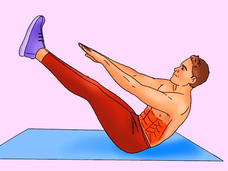 3. Tư thế chữ V: Bắt đầu bằng cách nằm ngửa trên mặt đất, đồng thời kéo chân và thân người lên để các ngón tay chạm vào các ngón chân. Tư thế chữ V giúp làm săn chắc cơ bụng, các cơ bên trong và bên ngoài của bạn. Thực hiện bài tập trong 50 giây và sau đó nghỉ 10 giây.