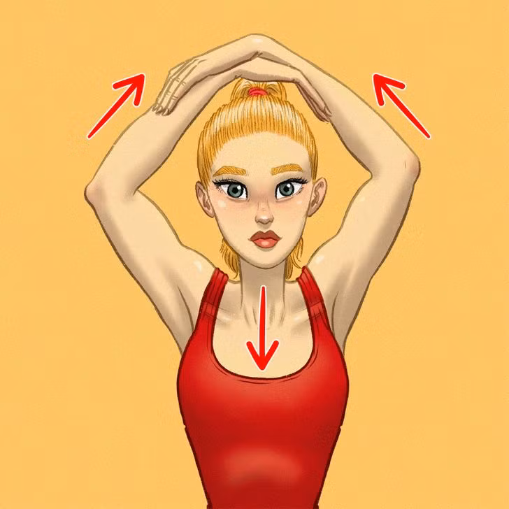 Kéo căng cơ cổ: Đứng thẳng, đưa hai tay lên cao qua đầu, bàn tay này chạm vào cổ tay kia, kéo căng cánh tay trong khi hạ cằm xuống phía ngực. Giữ nguyên tư thế trong nửa phút rồi trở lại vị trí ban đầu. Lặp lại động tác 3 lần.