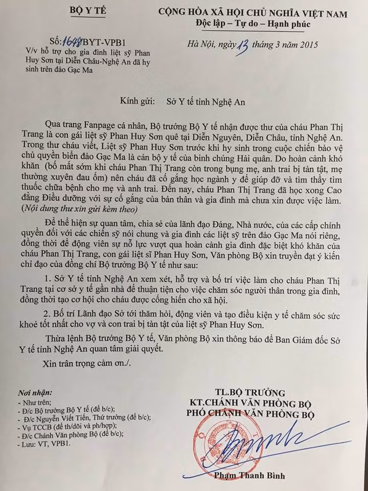 Con gai liet si Gac Ma toa sang nho... Bo truong Y te