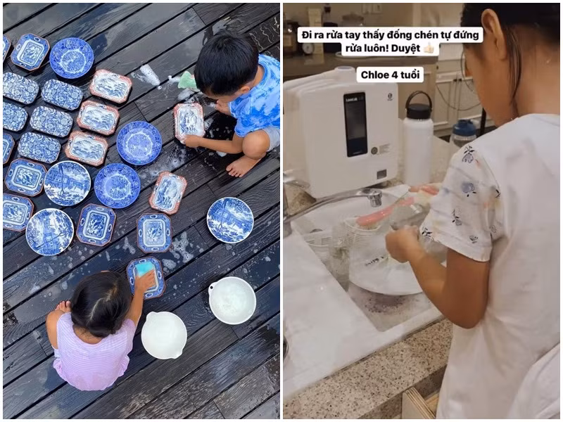 Các nhóc tì nhà Tăng Thanh Hà còn phụ giúp rửa bát khiến nữ diễn viên rất tự hào.