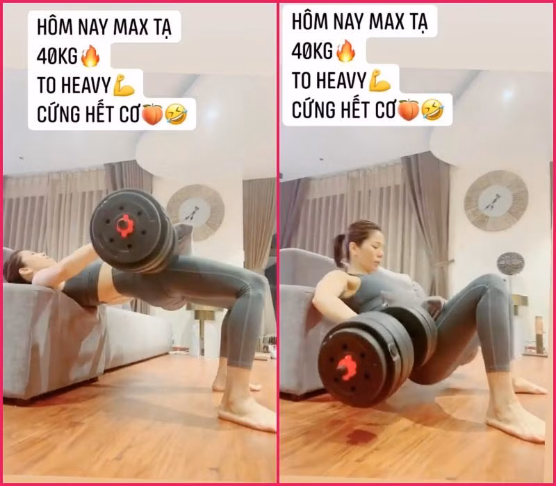 Tuy nhiên đến nay, Lệ Quyên đã tập nặng hết cỡ khi đặt cây tạ 40kg ngay "chỗ hiểm" khiến chính cô cũng than "cứng hết cơ mông".