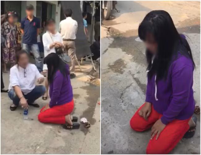 Cô bồ nhí bị đánh bầm mặt, quỳ gối xin lỗi sau khi cặp bồ còn lớn tiếng thách thức. Ảnh cắt từ clip.