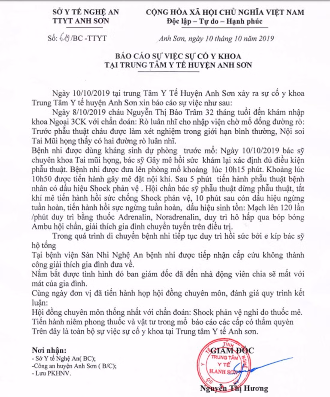 Báo cáo của Trung tâm Y tế huyện Anh Sơn về sự cố y khoa