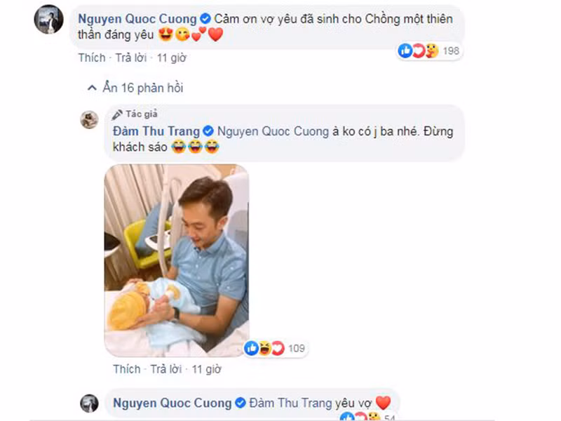 Dưới bài đăng của Đàm Thu Trang, Cường Đô la công khai "nịnh" bà xã: "Cảm ơn vợ yêu đã sinh cho chồng một thiên thần đáng yêu". Cựu người mẫu đáp lại: "Không có gì ba nhé. Đừng khách sáo".