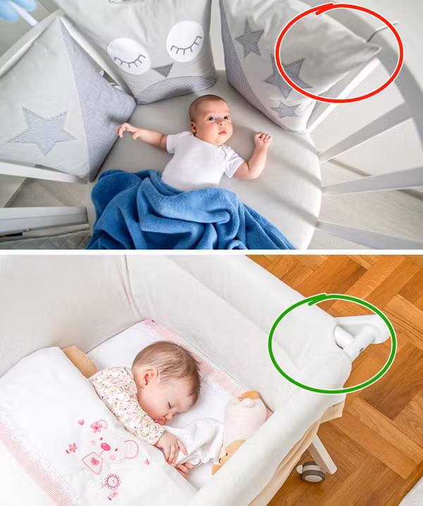 Đệm lót cũi. Đệm lót cũi được nhiều bố mẹ chọn dùng vì tin rằng chúng có thể giúp trẻ tránh các vết bầm tím khi va chạm mạnh. Vậy nhưng, vật dụng này có thể gây nguy hiểm cho bé, tăng nguy cơ gây ngạt thở tương tự như gối mềm. Hơn nữa, những tấm đệm lót cũi có thể cản luồng không khí vào nôi khiến vị trí này trở nên nóng bức.