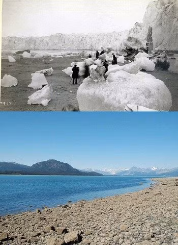 Sông băng Muir ở Alaska (Mỹ), ảnh chụp năm 1880 và 2005.