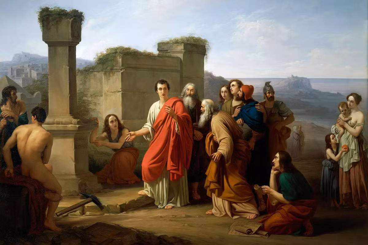 Nghe xong, cận thần Damocles vô cùng sung sướng khi có thể sống như một hoàng đế trong 1 ngày. Trong ngày hôm đó, Damocles ngồi trên chiếc ghế dài bằng vàng và yêu cầu những người hầu xinh đẹp phục vụ mình, thưởng thức những món ăn ngon... Ảnh: De Agostini Picture Library / Getty Images.