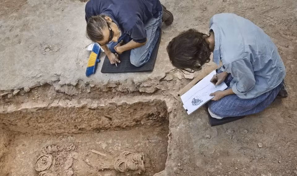 Nhóm chuyên gia tại IAA cho hay thi hài nữ tu sĩ được tìm thấy trong một ngôi mộ dưới bàn thờ của nhà thờ. Thi hài của bà bị xiềng xích bằng 12 - 14 vòng quanh cánh tay hoặc bàn tay, 4 vòng quanh cổ và ít nhất 10 vòng quanh chân. Ảnh: Israel Antiquities Authority/ Yoli Shwartz.