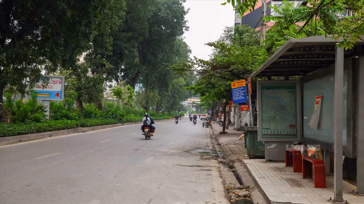 Đường Láng không có nhiều xe cộ lưu thông trong sáng cuối tuần.