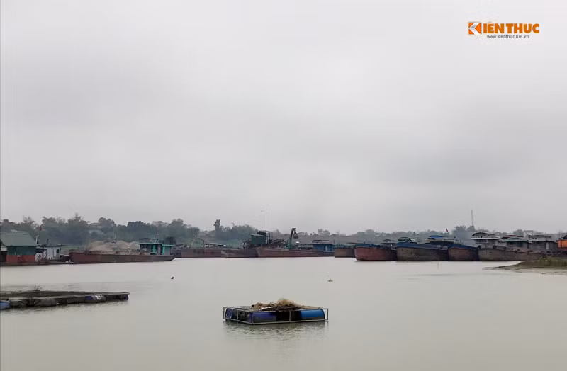 Các thuyền, bè quốc cát "dàn trận" trên sông Lô, đoạn trạm bơm mới của xã Bình Phú khai thác cát rầm rộ cả ngày lẫn đêm.