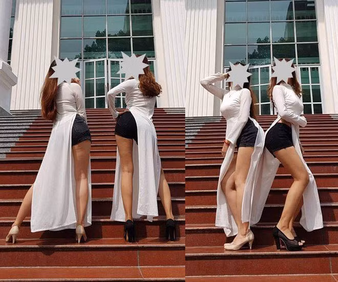 Mới đây, khi hình ảnh nữ sinh mặc áo dài cùng quần ngắn lan truyền trên mạng xã hội, rất nhiều ý kiến tranh luận đã bùng nổ. Đa phần ý kiến cho rằng việc kết hợp trang phục như vậy quá phản cảm. Hình hai cô gái mặc áo dài, quần đùi chụp ảnh giữa sân trường ĐH Sư phạm TP.HCM bị cho là thảm họa thời trang. Ảnh: HCMUPer's Confessions.