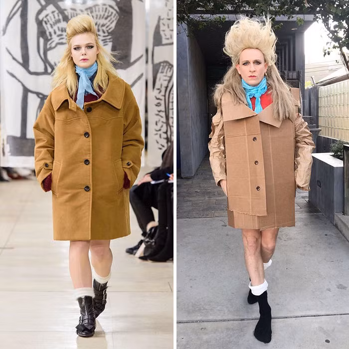 Tom Lenk chế chiếc áo từ bìa carton bắt chước áo khoác của người mẫu Elle Fanning trong show thời trang.