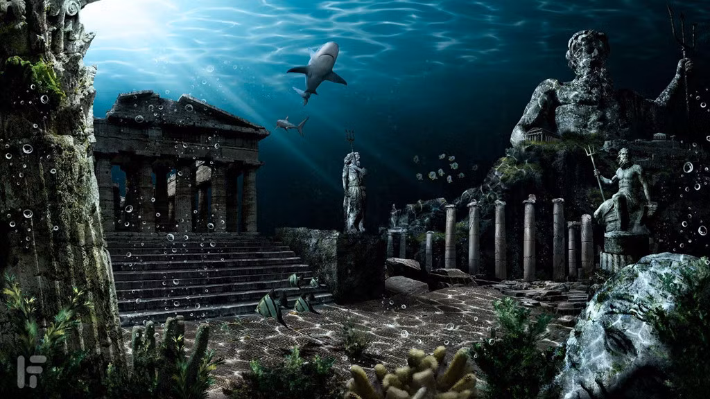 Ngôi nhà Cleito ở thành phố Atlantis được bao quanh bởi 5 vòng nước và 5 đường hầm chứa tàu. Con kênh lớn phía ngoài nối các vòng nước với đại dương. Mọi tuyến đường đến thành phố được bảo vệ bởi cổng và tháp. Bức tường bao quanh được xây dựng bằng đá đỏ, trắng và đen và trang trí kim loại quý. Ảnh: Dailymotion.