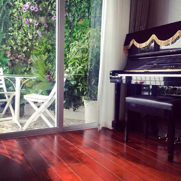 Một góc căn phòng với chiếc đàn và ô cửa hướng ra sân vườn cây xanh.