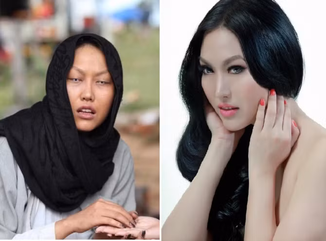 Đôi mắt được hóa trang ghê sợ khi tròng mắt chỉ là hai điểm đen tĩnh với toàn lòng trắng, khuôn mặt nhợt nhạt, bộ móng tay thâm đen.
