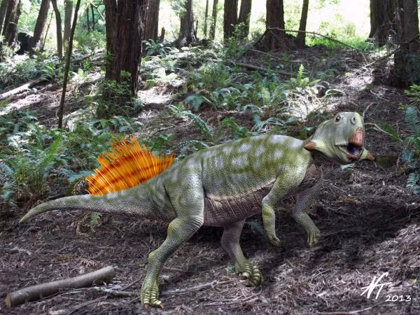 Con khủng long được xác định là loài Psittacosaurus lujiatunensis, nằm cuộn tròn với xương sườn trong miệng kẻ săn mồi.