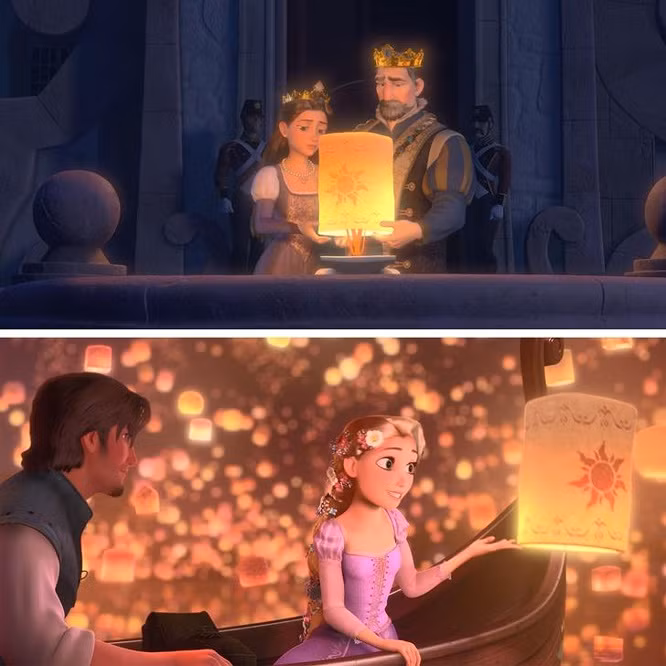 5. Tangled (2012): Chiếc đèn lồng nhà vua và hoàng hậu thả đi với mong muốn tìm lại con gái, bằng phép màu nào đó đã quay về đúng tay cô công chúa Rapunzel.