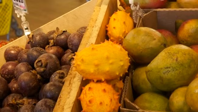 Vỏ của quả kiwano có màu vàng đỏ tươi khi chín và có lớp gai phủ toàn bộ bên ngoài.