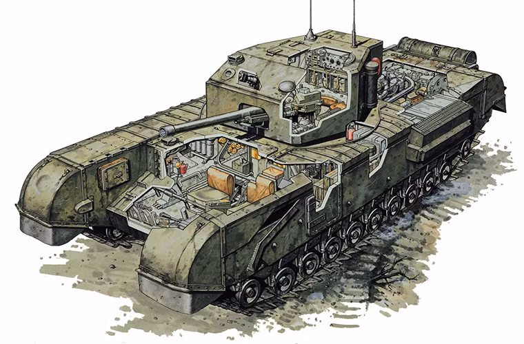 Trong ảnh là mẫu xe tăng hạng nặng Churchill của Anh với thiết kế khá lỗi thời, có một thực tế là hầu hết các mẫu xe tăng của Anh trong CTTG 2 không được đánh giá cao và chúng chỉ hơn xe tăng Pháp một chút do đó cũng khá dễ hiểu khi cả hai đều bị quân Đức đánh bại. Nguồn ảnh: QQ.