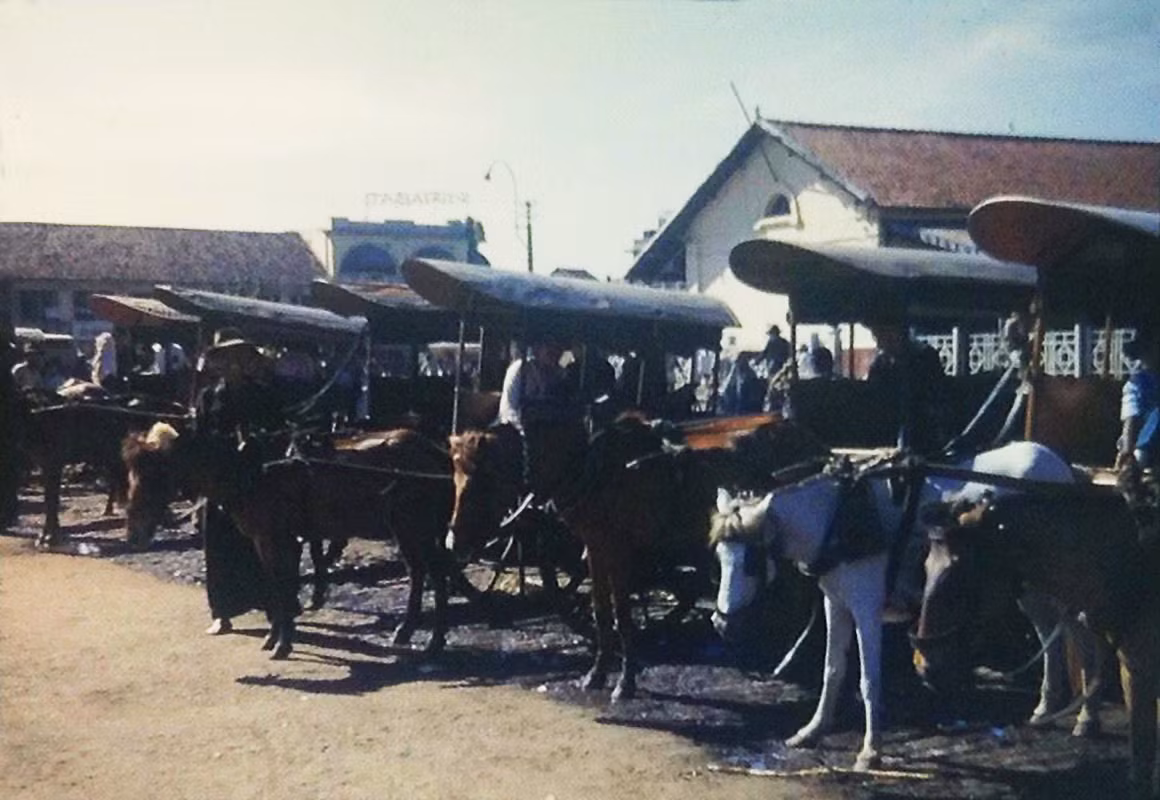 Bến xe ngựa cạnh chợ Bến Thành, Sài Gòn năm 1953. Ảnh: Manhhai Flickr.