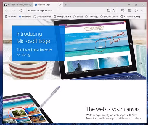  10. Thử dùng trình duyệt Edge mới. Nhiều người dùng chán trình duyệt Internet Explorer vì thiếu khả năng tương thích với một số trang web mới, hiệu suất chậm chạp. Tuy các phiên bản IE gần đây đã được cải thiện đáng kể nhưng Microsoft vẫn quyết định tung ra một trình duyệt Edge hoàn toàn mới trong Windows 10 với nhiều tính năng hấp dẫn.