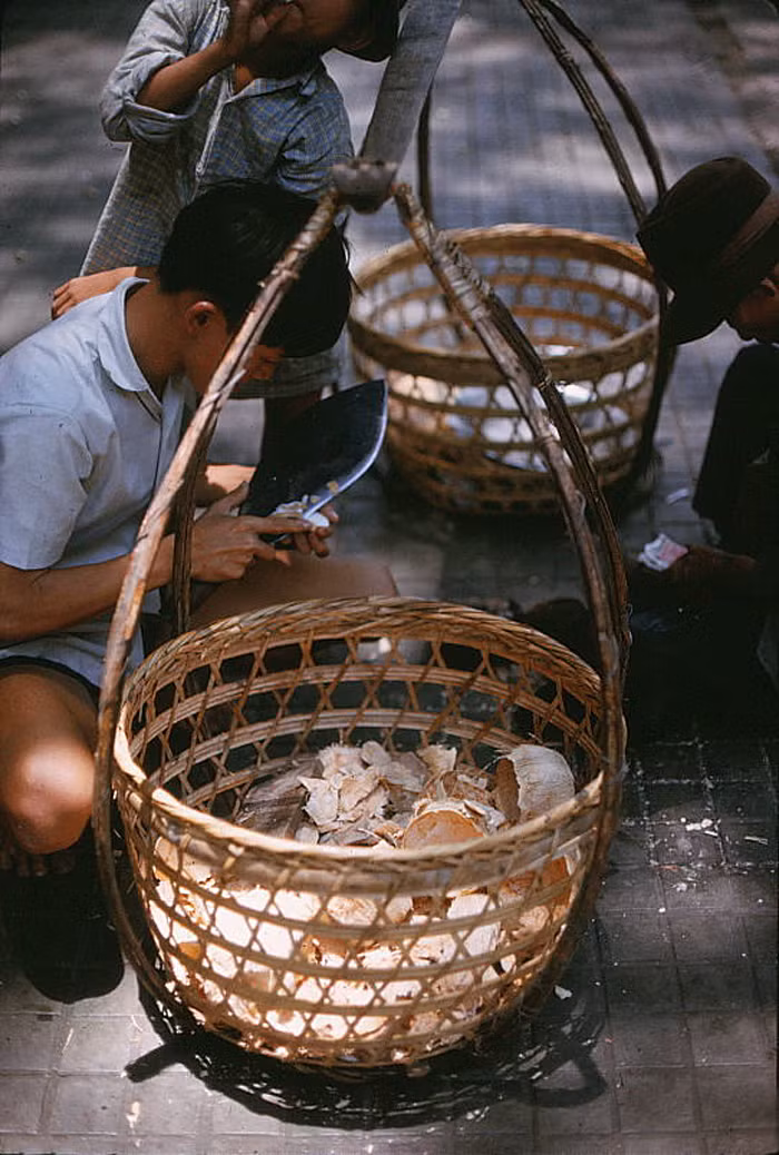 Một thiếu niên lấy cùi dừa trên phố.