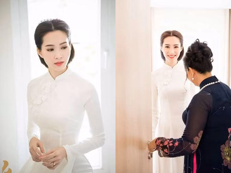 Cô mặc áo dài trắng, được tạo điểm nhấn bằng những chi tiết đính kết tinh tế. Kiểu tóc tết đơn giản càng làm tôn vẻ đẹp dịu dàng, đài các của Thu Thảo.