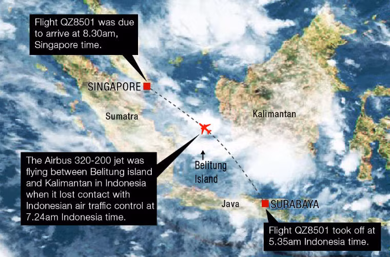 Chiếc máy bay Air Asia mất tích cất cánh lúc 5h35 sáng theo giờ Indoneisa ở Surabaya.