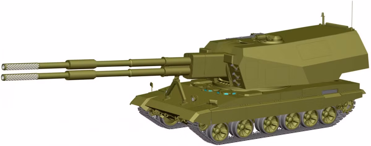 Theo Defense Express, quá trình phát triển phiên bản đầu tiên của Koalitsiya-SV bắt đầu vào đầu những năm 2000. Trước đây, hệ thống pháo này được hình dung là loại pháo hai nòng với bộ nạp đạn tự động, một giải pháp thực sự độc đáo có thể nâng tốc độ bắn, theo lý thuyết, lên đến 16 viên mỗi phút. Ảnh: DE.