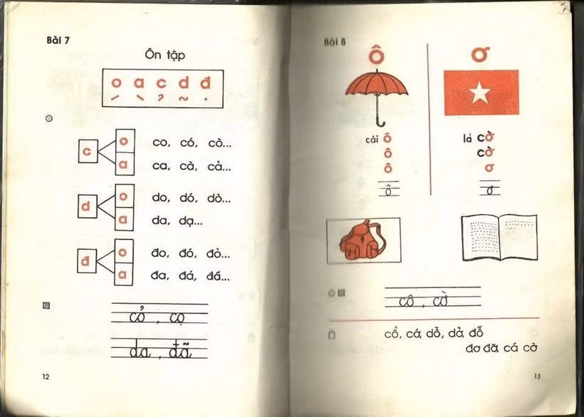 Ở sách cũ, mỗi bài, học sinh học 1-2 chữ cái. Sách có bài ôn tập xen kẽ để học sinh nhớ lại chữ cái trước khi bước sang học chữ mới.