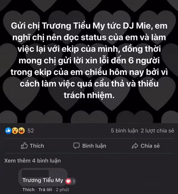 Cụ thể, một tài khoản Facebook có tên K.T đã viết: "Một em DJ đang được cho là hot nhất hiện tại liên tục 2 lần cho phóng viên của mình 'leo cây'. Một lần hẹn xong bảo 'quên lịch', và phải hẹn lại từ đầu. Hôm nay thì cho cả ê-kip 6 người chờ 1 tiếng đồng hồ rồi mới nhắn tin bảo 'bị delay, lu bu em quên không báo'. Tại sao lại có thể làm việc như thế này?".