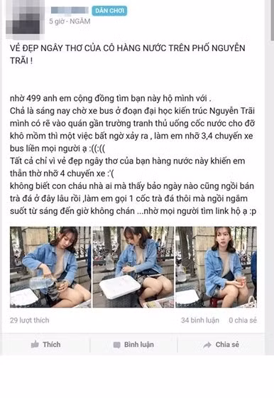 Bức ảnh chụp trộm "hot girl bán trà đá" da trắng, dáng xinh được một thành viên chia sẻ lên một diễn đàn có gần 2 triệu người theo dõi kèm theo đó là dòng chú thích: "Chả là sáng nay chờ xe bus ở đoạn đại học Kiến trúc, Nguyễn Trãi em có rẽ vào quán gần trường tranh thủ uống cốc nước thì một việc bất ngờ xảy ra, làm em nhỡ 3,4 chuyến xe bus liền mọi người ạ. Tất cả chỉ vì vẻ đẹp ngây thơ của bạn hàng nước này khiến em thẫn thờ nhỡ 4 chuyến xe, không biết con cháu nhà ai mà thấy bảo ngày nào cũng ngồi bán trà đá ở đây lâu rồi, làm em gọi 1 cốc trà đá thôi mà ngồi ngắm suốt từ sáng đến giờ không chán". Ảnh: Beat.