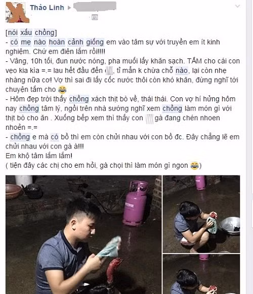 Trước đó không lâu, hội chị em cũng được phen “dậy sóng” trước loạt ảnh kèm dòng chia sẻ bày tỏ sự khổ tâm của một người vợ trẻ về thú vui đặc biệt của chồng mình. “Có mẹ nào hoàn cảnh giống em vào tâm sự và truyền em ít kinh nghiệm. Chứ em điên lắm rồi! Vâng! 10h tối, đun nước nóng, pha muối lấy khăn sạch tắm cho cái con vẹo kia kìa. Lau hết đầu đến mông, tỉ mẩn không chừa chỗ nào, lại còn nhẹ nhàng nữa cơ! Vợ thì sai đi lấy cốc nước thôi còn khó khăn, đừng nghĩ tới chuyện tắm cho.