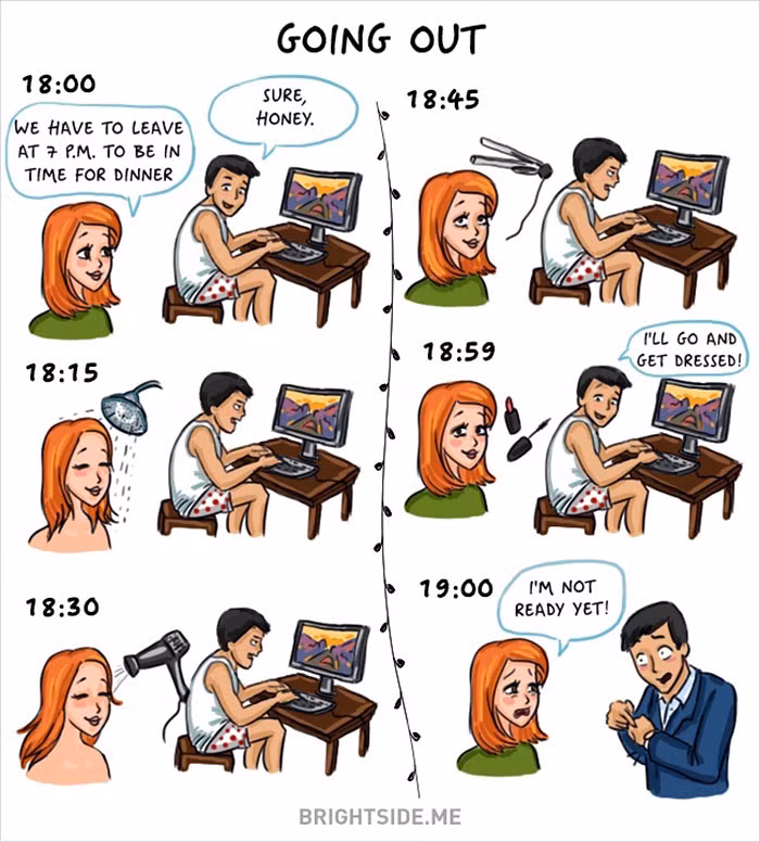 Chuẩn bi trước khi ra ngoài với phụ nữ họ dành cho trang điểm và chăm chút ngoại hình, đàn ông thì đối lập.