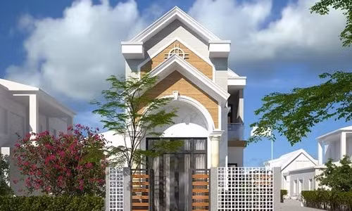 Nhà phố 5x15m xây theo phong cách bán cổ điển kiểu Pháp kết hợp với mái ngói Á Đông. Ảnh: Thietkenhadepmoi.